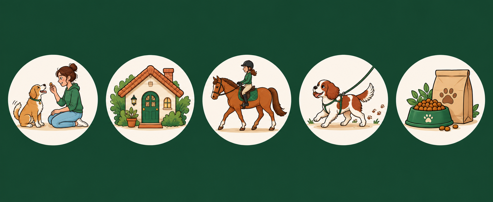 Five circular illustrations showing dog training, a home, horseback riding, dog walking, and pet food supplies