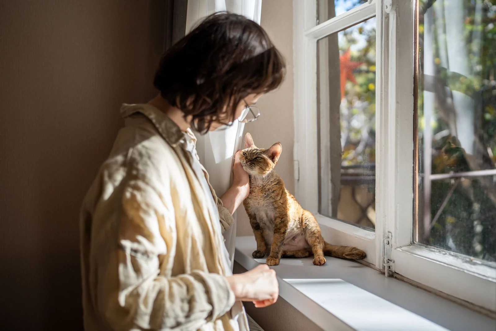 Woman in beige cardigan petting orange tabby cat on windowsill