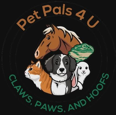 Pet Pals 4 U logo with brown dog, black and white dog, and white dog illustration with text claws paws and hoops