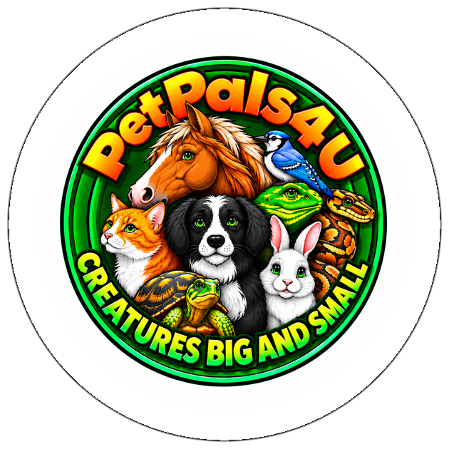 Pet Pals 4U logo featuring a horse, cat, dog, rabbit, bird, turtle and lizard in a green circular badge