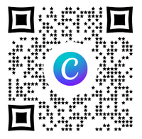 QR code with blue circular logo in center containing letter C